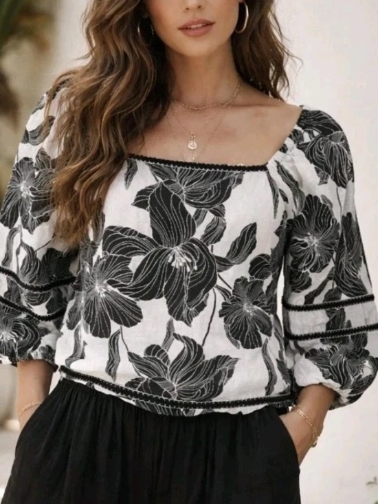 Tahari Tops - Tahari 100% Linen Black and White Floral Top